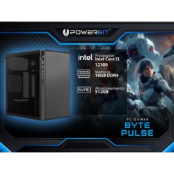 PC de Escritorio Powerbit Byte Pulse: 
Procesador Intel Core i3 12100 (hasta 4.3 GHz) , 
Memoria de 16GB DDR4, 
SSD de 512GB, 
V