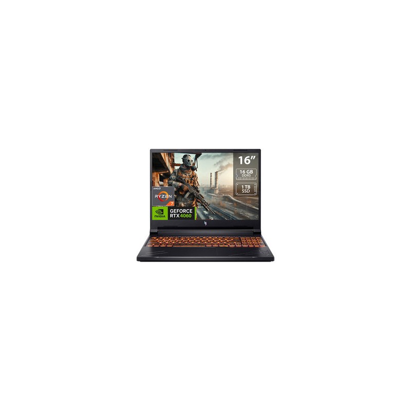 Laptop Gamer Acer Nitro V: 
Procesador AMD Ryzen 7 8845HS (hasta 5.1 GHz), 
Memoria de 16GB DDR5, SSD de 1TB, 
Pantalla de 16" L