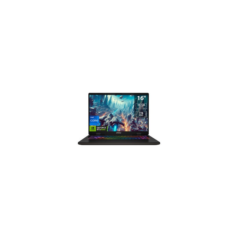 Laptop Gamer MSI Sword 16HX:
Procesador Intel Core i7 14650HX (hasta 5.2 GHz),
Memoria de 16GB DDR5,
SSD de 1TB,
Pantalla de 16"